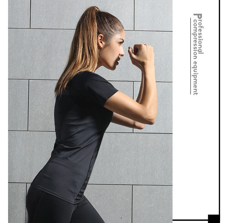Compression sports tights short-sleeved women&#39;s stretch yoga clothes running quick-drying T-shirt training fitness clothing female slim suit
