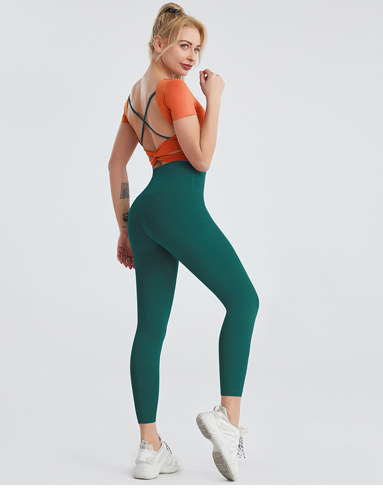 Yoga Wear Women&#39;s Nude Sexy Beauty Back Fitness Top High-waist Hip-hip Leggings Two-piece Suit