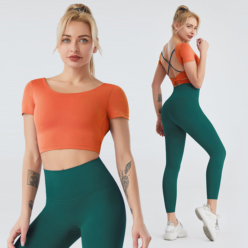 Yoga Wear Women&#39;s Nude Sexy Beauty Back Fitness Top High-waist Hip-hip Leggings Two-piece Suit