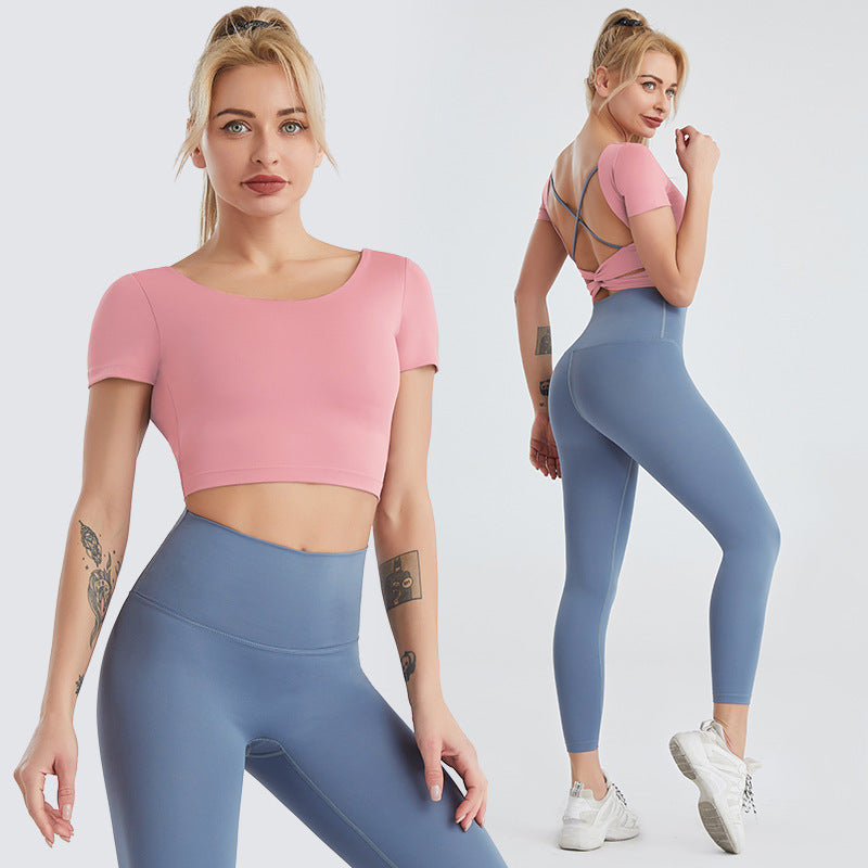 Yoga Wear Women&#39;s Nude Sexy Beauty Back Fitness Top High-waist Hip-hip Leggings Two-piece Suit